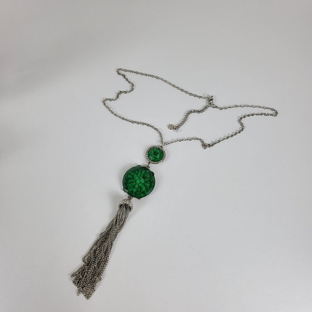 Vera Wang Green Cabochon Clear Crystal Tassel Pendant Necklace 32 In Silver Tone - Picture 5 of 11